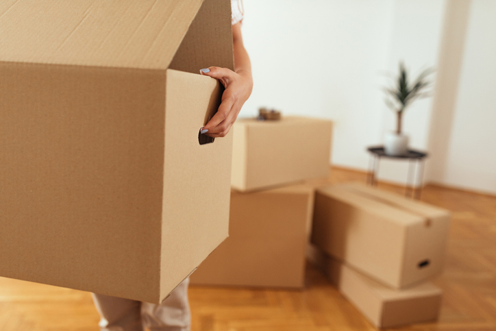 Close up of woman hands carrying box while moving house